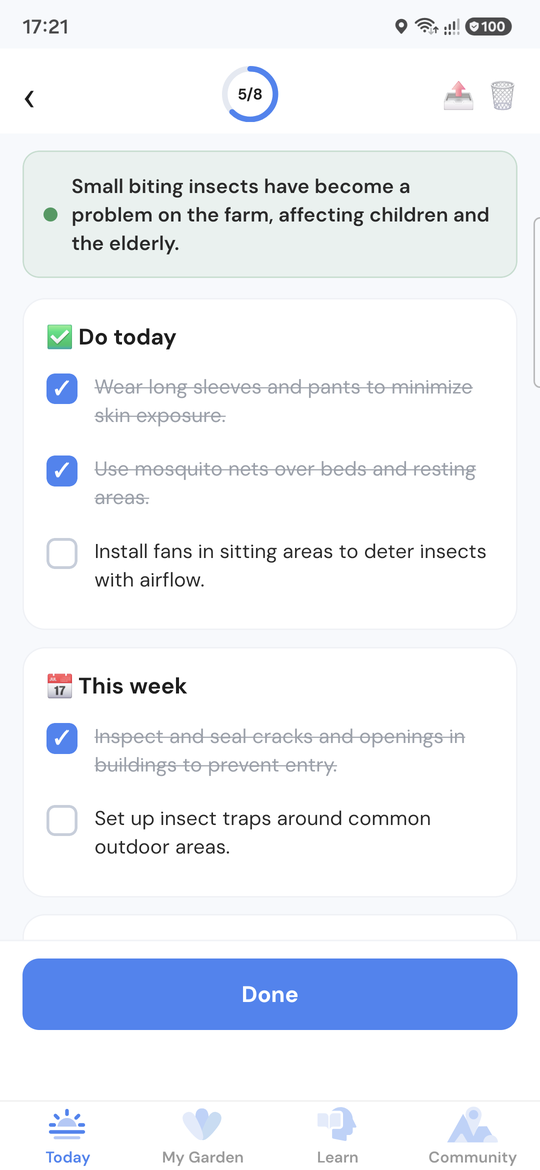 An Earth United action plan with steps grouped under Do today and This week, some already checked off.