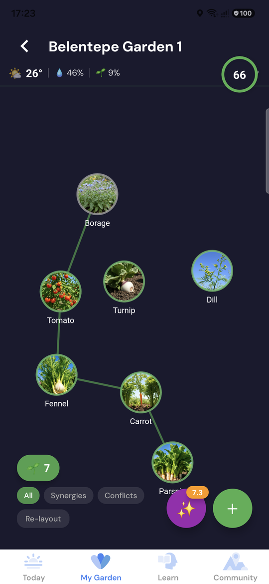 A garden in the app with its plants, weather and care information.