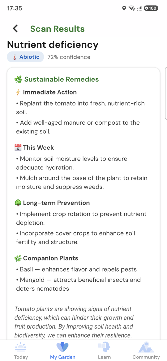 A Plant Health Scanner result showing a likely diagnosis and an organic treatment plan.