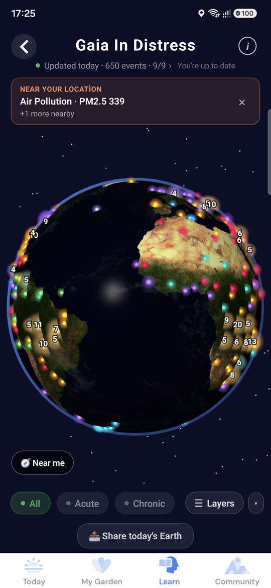 The Gaia in Distress globe with live markers for wildfires, earthquakes and air pollution.